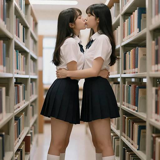 Two Girls Kissing in Library