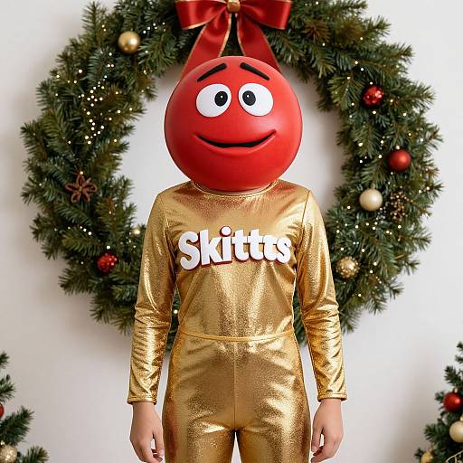 Photograph of a person wearing a red Skittles emoji mask and a shiny gold onesie, standing in front of a Christmas wreath.