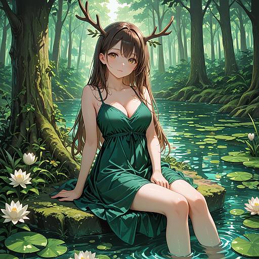 Anime Girl with Antlers Sitting by Forest Pond