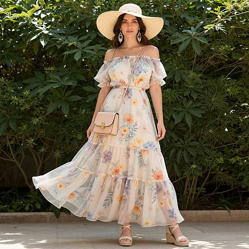 Photograph of a woman in a white floral off-shoulder dress, wide-brimmed hat, and sandals, standing against lush green foliage,