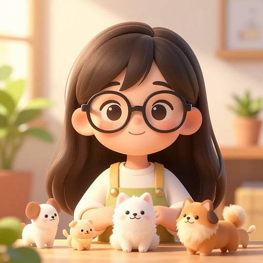 Cute CGI image of a girl with black hair, glasses, and green overalls, smiling while holding fluffy white and brown chihuahuas.
