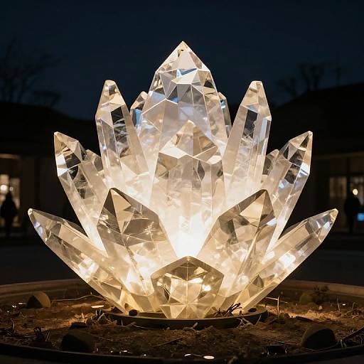 Photograph of a glowing, faceted crystal sculpture illuminated from within, set against a dark night sky with blurred house silhouettes.