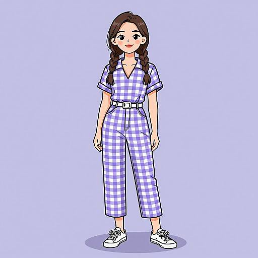 Smiling Woman in Lavender Gingham Jumpsuit