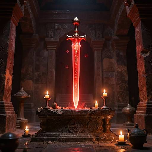 Red Glowing Sword on Ancient Altar