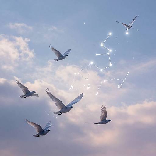 Photograph of six white doves flying against a blue sky with scattered clouds, featuring a glowing constellation of stars and lines.