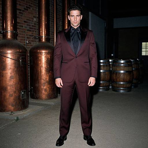 Photograph of a serious-looking man in a dark burgundy suit with black shirt and bowtie, standing in an industrial warehouse with copper pipes and wooden