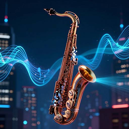 Photograph of a glowing, golden saxophone with blue musical wave lights in the background, set against a dark, cityscape night sky.