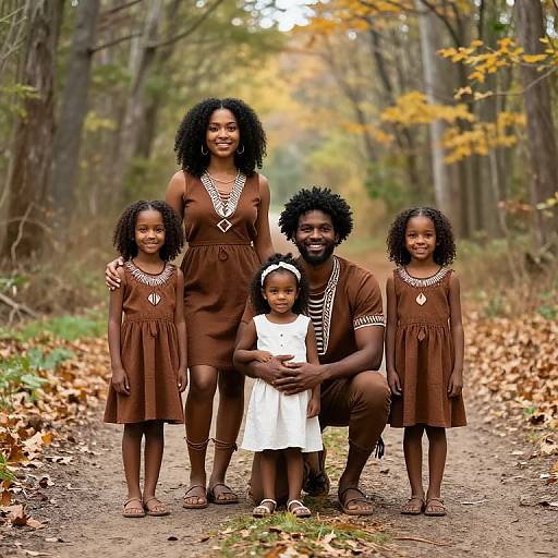 Photograph of an African-American family in autumn forest, wearing brown and white dresses, standing and kneeling on a leaf-covered path.