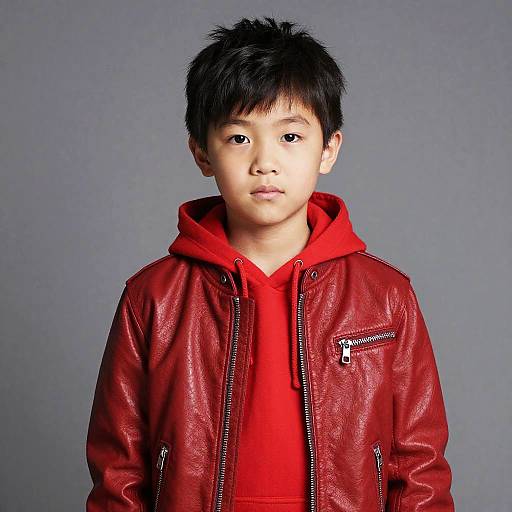 Young boy in red leather jacket and hoodie