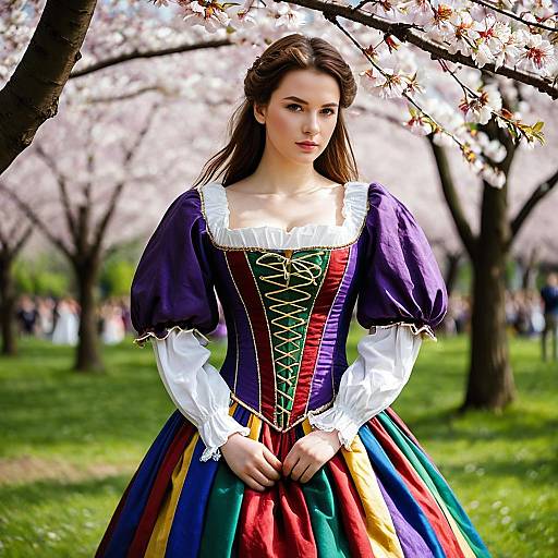 Young Woman in Colorful Medieval Dress by Cherry Blossoms
