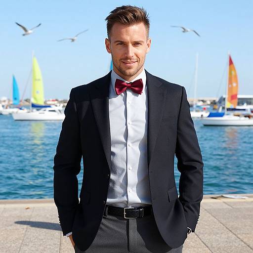 Photograph of a smiling, handsome man with short brown hair, in a black tuxedo, white shirt, and red bow tie, standing by