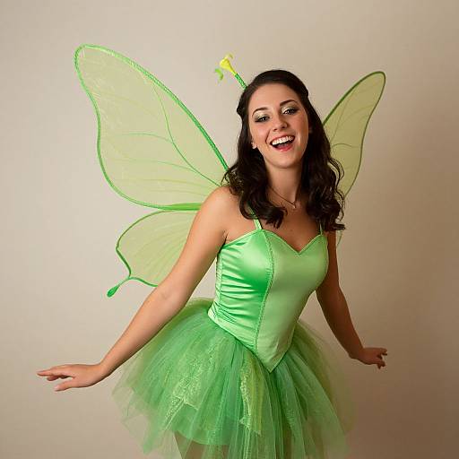 Photograph of a smiling woman with green fairy costume, including translucent wings, green strapless top, and tulle skirt, against a plain white background