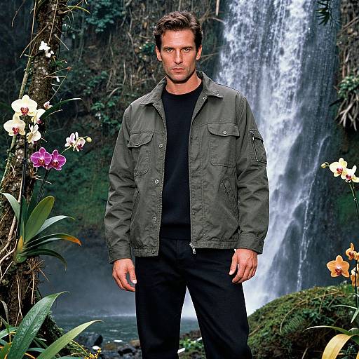 Photograph of a handsome man with short brown hair, wearing a dark green jacket and black shirt, standing before a cascading waterfall surrounded by lush green