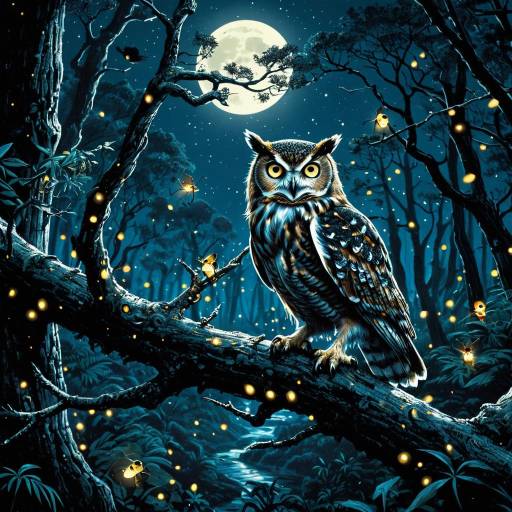Wise Owl Perched on Branch in Moonlit Forest