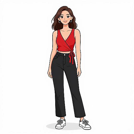 Digital illustration of a smiling woman with medium-length brown hair, wearing a red wrap top, black high-waisted pants, and white sneakers. White