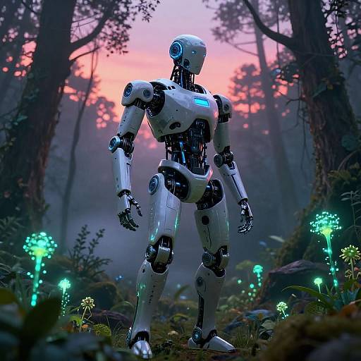 Cybernetic Humanoid in Bioluminescent Forest
