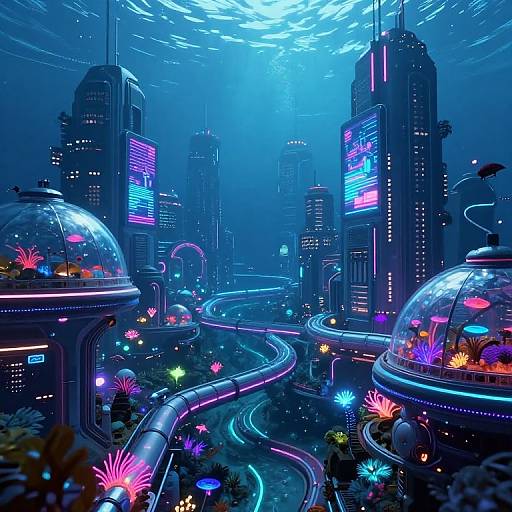 Neon-lit futuristic cityscape with glowing skyscrapers, floating domes with colorful fish, and winding illuminated roads beneath a blue, starry