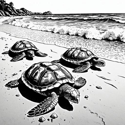 Etching Print of Ancient Turtles at Shore Etching Print of Ancient Turtles at Shore