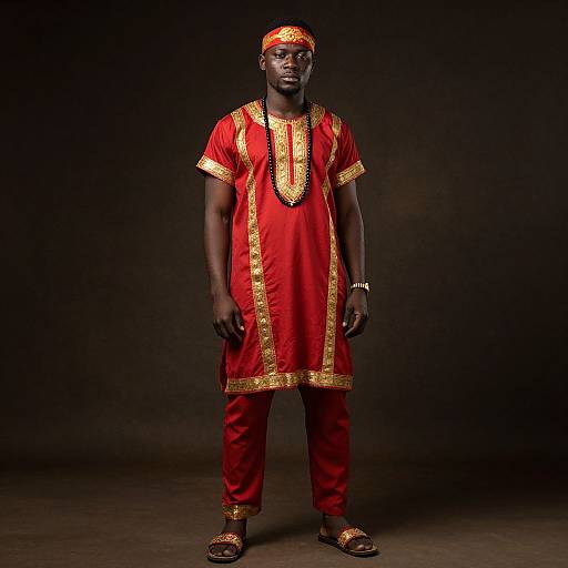 Photograph of a Black man in a red and gold traditional African dress, headband, and sandals, standing against a dark background.