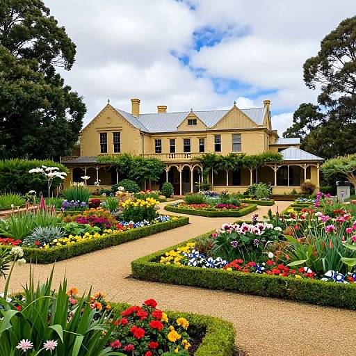 Photograph of a picturesque, yellow two-story mansion with a silver roof, surrounded by vibrant, well-maintained flower gardens and gravel pathways.