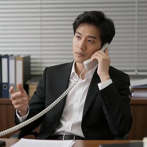 Businessman on Corded Phone in Office