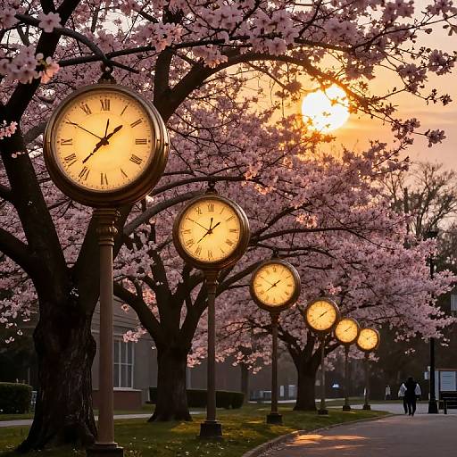 Photograph of a sunlit path lined with glowing clock towers surrounded by blooming cherry blossom trees, with a sunset in the background.