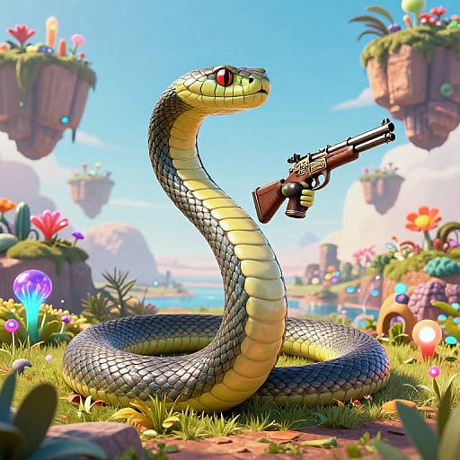 Digital art: A vibrant, cartoon-style snake with red eyes holds a detailed revolver in a colorful, floating island landscape with flowers and grass.
