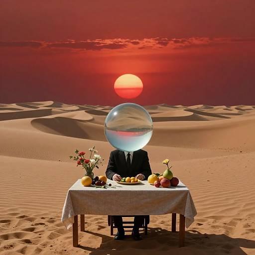 Photograph of a man in a black suit with a transparent glass sphere head, seated at a desert table with fruit and flowers, against a red sunset