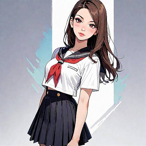 Digital anime-style drawing of a cute, fair-skinned girl with long brown hair, wearing a white sailor school uniform with red neckerchief and black