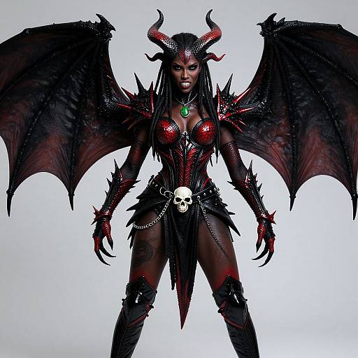 Digital artwork of a dark-skinned, demonic woman with black wings, red armor, horns, a green gem, and a skull belt against a white
