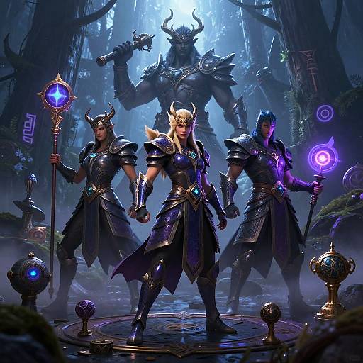 Digital fantasy artwork of three armored, horned warriors with glowing magical staffs, standing in a misty, dark forest, with a larger, menacing