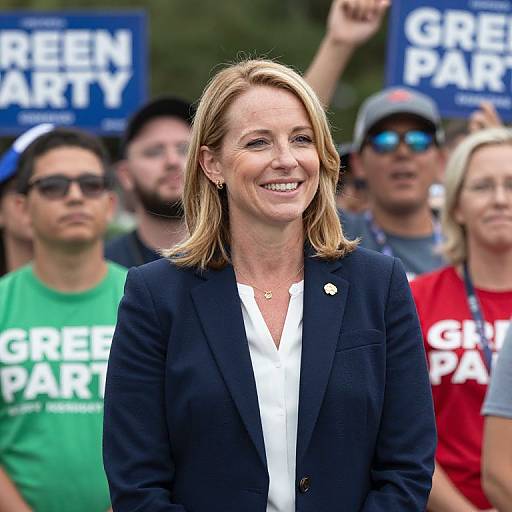 Photograph of smiling blonde woman in black blazer and white blouse, standing among 