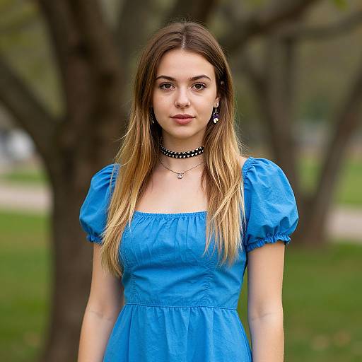 Photograph of a young woman with long blonde hair, blue dress, black choker, and earrings, standing in a park with blurred trees in the