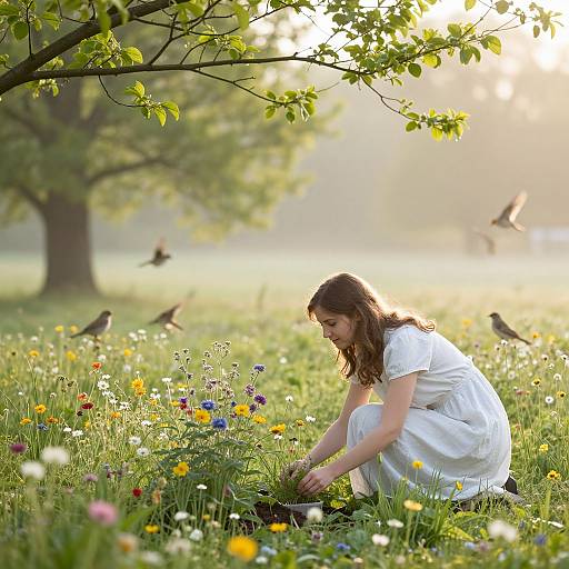 Photograph of a young woman in a white dress, kneeling in a sunlit meadow, picking wildflowers, with birds flying nearby.