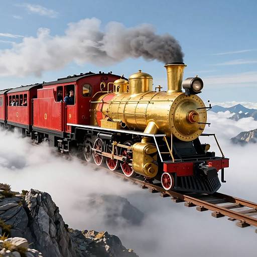 Photograph of a vibrant red and gold vintage steam locomotive with black smoke, soaring above a mountainous landscape enveloped in clouds.