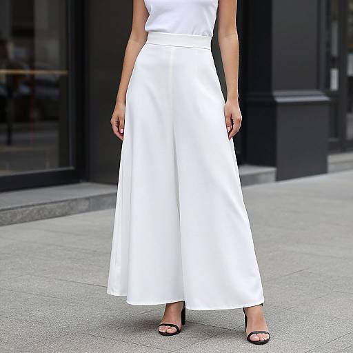 Photograph of a woman wearing a white sleeveless top and matching white A-line skirt, black open-toe heels, standing on urban sidewalk.