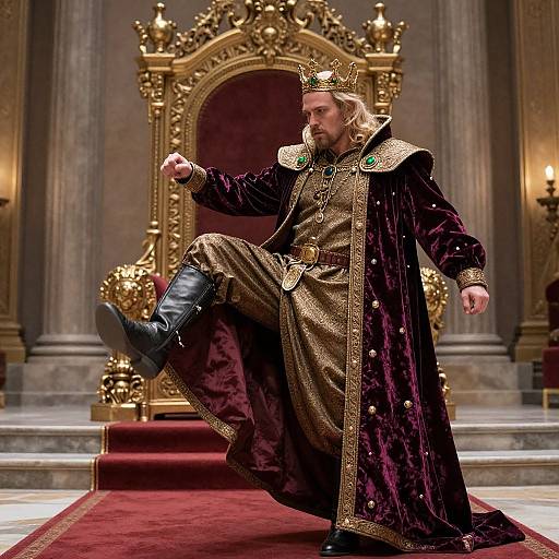 Photograph of a regal king with blonde hair and beard, wearing a gold crown, dark velvet robe, and black boots, striking a powerful pose
