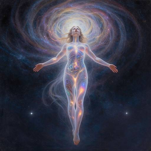 Digital artwork of a glowing, ethereal woman with neon light patterns floating in space, surrounded by a swirling cosmic aura.