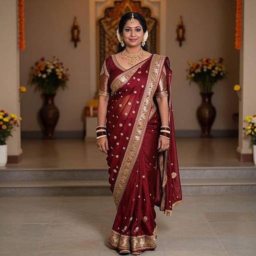 Photograph of an Indian woman in a maroon saree with gold embroidery, traditional jewelry, and black hair, standing in a decorative room with floral