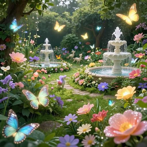 Enchanted garden scene with glowing blue and yellow butterflies, pink and purple flowers, two white fountain statues, and lush greenery.