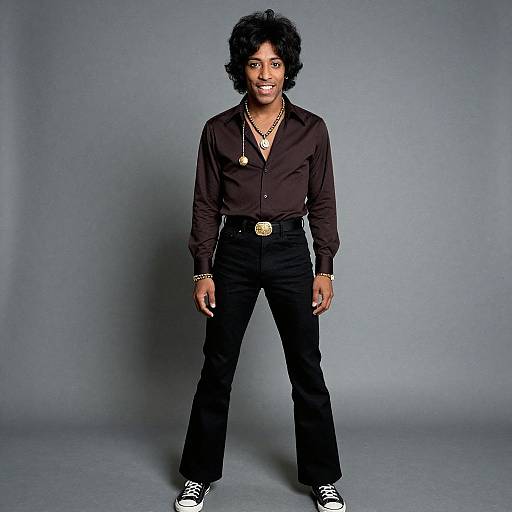 Photograph of a smiling Black woman with curly hair, wearing a black button-up shirt, high-waisted black pants, and black sneakers, standing