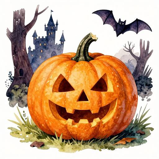 Watercolor-style illustration of a carved, glowing orange jack-o'-lantern with sharp eyes and teeth, surrounded by dark trees, a spooky bat,