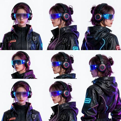 Photograph of a young woman in black leather jacket and blue neon visor and headphones, shown in multiple profiles and angles against white background.