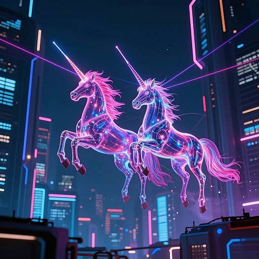 Neon-lit, glowing unicorns with pink and blue hues, mid-leap, against a futuristic cityscape of brightly lit skyscrapers at