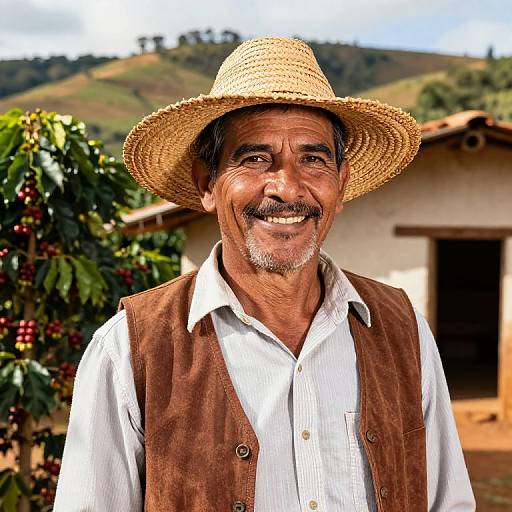 Photograph of smiling middle-aged farmer with tan skin, gray mustache, wearing straw hat, white shirt, brown vest, standing in front of vine