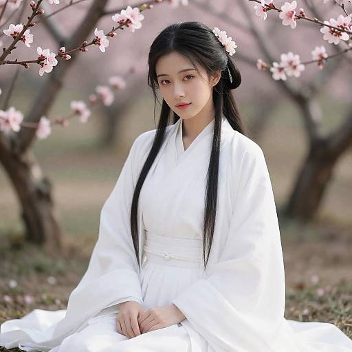 Woman in White Hanfu Among Peach Blossoms