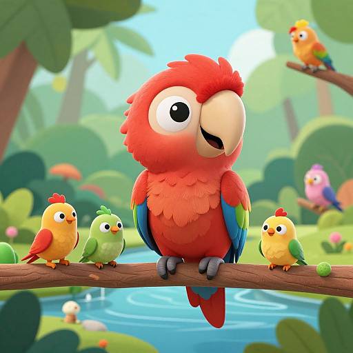 Bright, colorful digital illustration of a large red parrot with big eyes, surrounded by small yellow and green birds on a branch over a lush, tropical