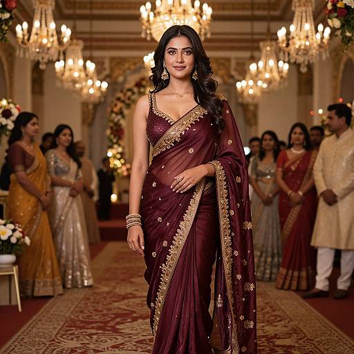 Photograph of a confident Indian woman in a maroon embroidered saree, walking a luxurious wedding aisle with chandeliers and guests.