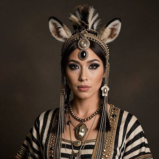Photograph of a woman with zebra ears, wearing elaborate gold and black jewelry, striped black and white top, against a dark background.