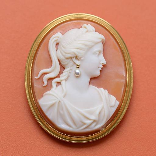 Photograph of a white ceramic cameo pendant featuring a profile of a woman with a ponytail, pearl earring, and draped garment, set in a